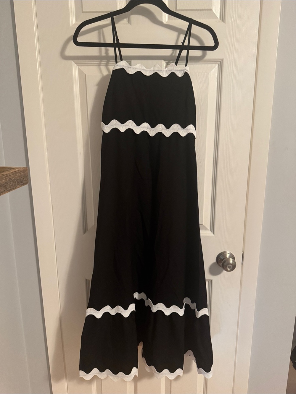 Women's Black Maxi Dress with White Wave Trim - Spaghetti Strap